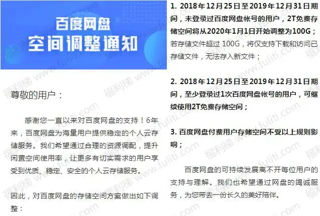 百度网盘官方调整：未来一年不登录的百度帐号 网盘容量从2TB降到100GB